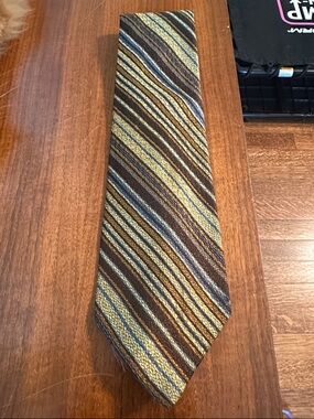 Vintage 70s Damon Diagonal Striped‎ Silk Tie in Brown, Blue & Gold